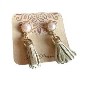 Faux Pearl and Leather Tassel Dangle Earrings